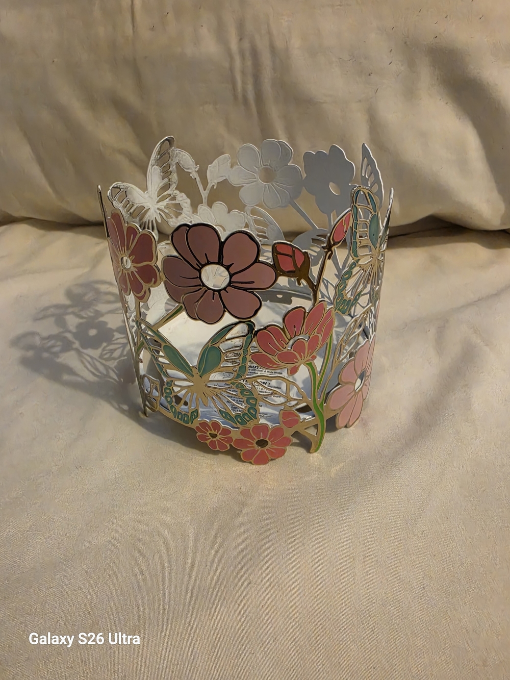 Bath And Body Works Floral Pink Metal Candle Holder with Butterfly Accents